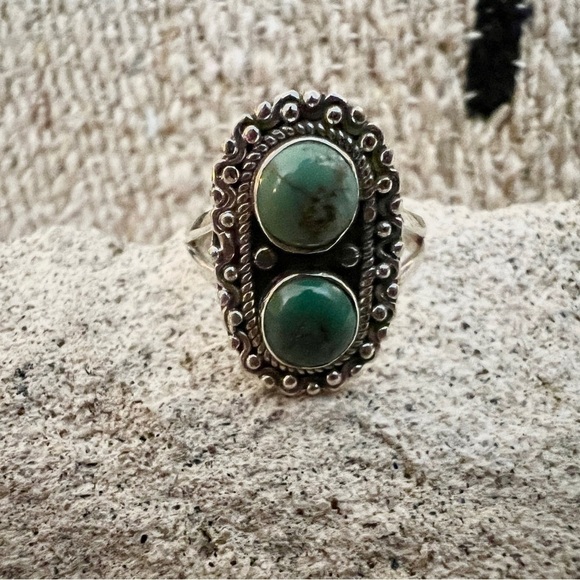 Hand Crafted Jewelry - ❤️ Kingman Turquoise 2 Stone 925 Sterling Decorative Sz 6.75 Navajo Ring 3.8 Gm